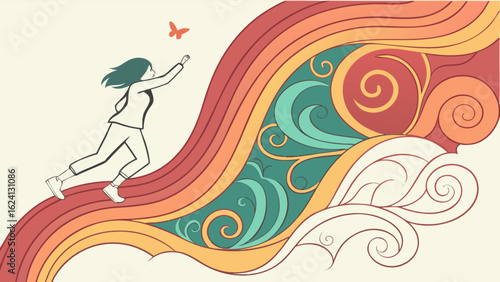 Woman reaching for butterfly on colorful wave art illustration vector design for inspiration and dreams