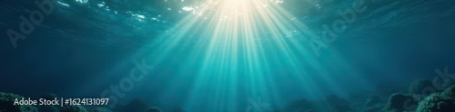Sunbeams penetrate ocean surface, illuminating underwater scene, underwater photography, light rays, fish