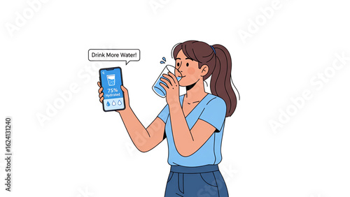A woman follows a hydration app reminder on her phone, drinking a glass of water for health.