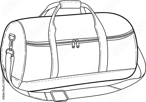 Travel duffle bag line art, gym shoulder strap design, CAD vector drawing, black and white isolated flat bag illustration