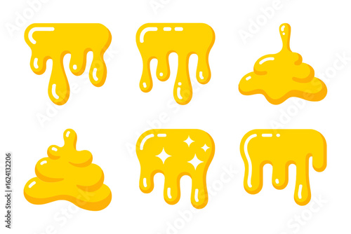 Yellow slime drip icon set, glossy goo splash collection, creative vector illustration, unique design for party decor