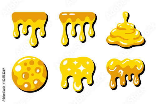 Cheese and slime icon set, yellow goo drip collection, fun vector illustration, unique design for food sticker pack