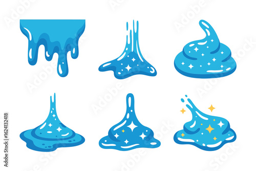 Blue slime drip icon set, glossy goo splash collection, creative vector illustration, unique design for crafts
