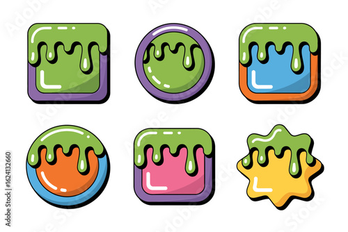 Slime border icon set, glossy goo frame collection, playful vector illustration, unique design for digital stickers