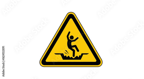 Yellow triangular warning sign for open pit or fall hazard. Safety pictogram symbol showing a person falling into a hole, isolated on a white background.