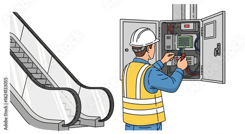 Illustration of a certified electrician performing maintenance on an escalator's main control panel