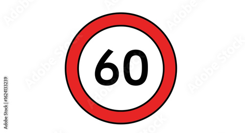 Sixty speed limit sign. A circular road traffic regulation symbol indicating a maximum speed of 60.