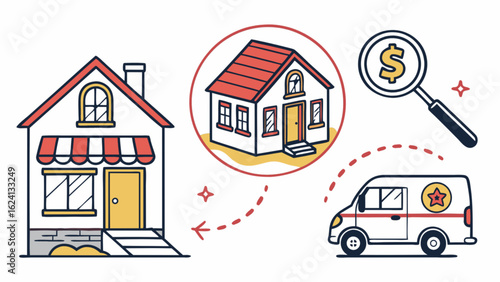 Real estate property search and moving services concept illustration for home buying and selling process