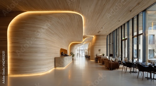 Modern lobby with curved wooden walls, ambient lighting, and floor-to-ceiling windows