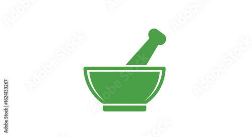 Green mortar and pestle icon for pharmacy and herbal medicine. Vector symbol for apothecary, wellness, and natural remedies isolated on white.