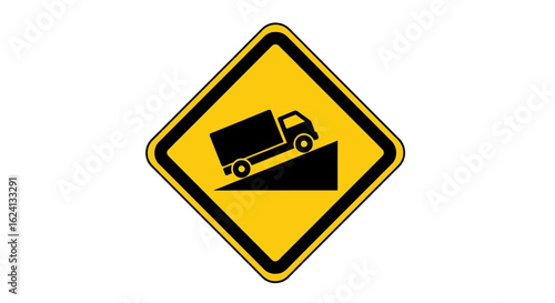 Steep descent warning road sign with truck icon. Yellow diamond traffic symbol for downhill grade, isolated on a white background.