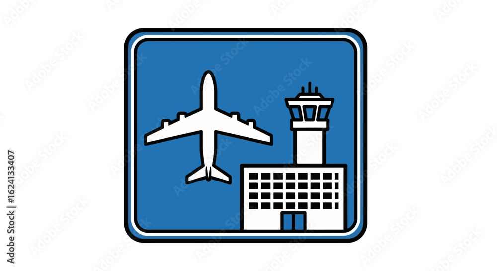 Fototapeta premium Airport sign icon with an airplane, terminal, and control tower. A vector symbol representing air travel and transportation.