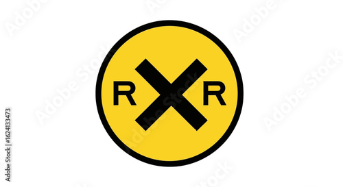 Railroad crossing advance warning sign isolated on a white background. A circular yellow traffic symbol for railway safety and transportation.