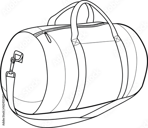 Sport duffle bag, gym travel carry bag, shoulder strap vector illustration, CAD line drawing, isolated black and white outline