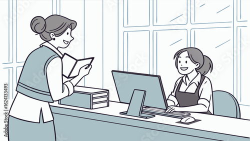 Receptionist customer service representative helping client at office front desk illustration vector design