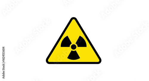 Radiation hazard warning sign. A yellow triangle with a black trefoil symbol indicating radioactive danger, isolated on white.