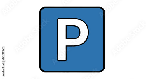 Classic blue parking lot sign icon. Vector graphic of the universal P symbol for vehicle parking zones and areas.