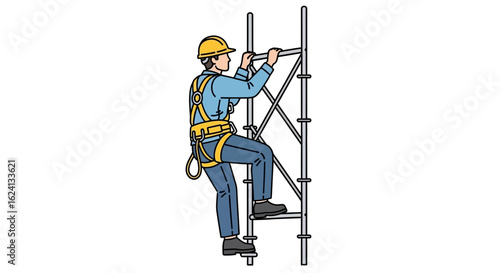 Industrial worker with a safety harness and hard hat climbing a metal scaffolding structure, illustrating workplace safety concepts