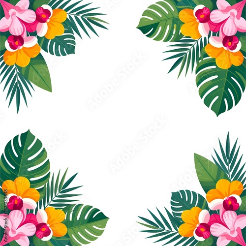 Tropical floral frame with orchids and palm leaves