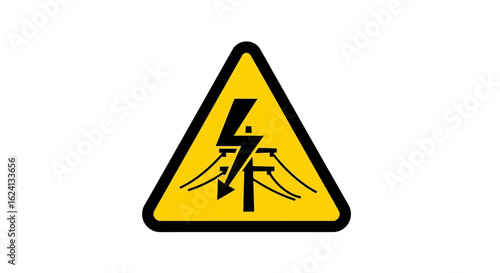 Yellow triangular warning sign for high-voltage overhead power lines. A hazard symbol indicating risk of electric shock and electrocution.
