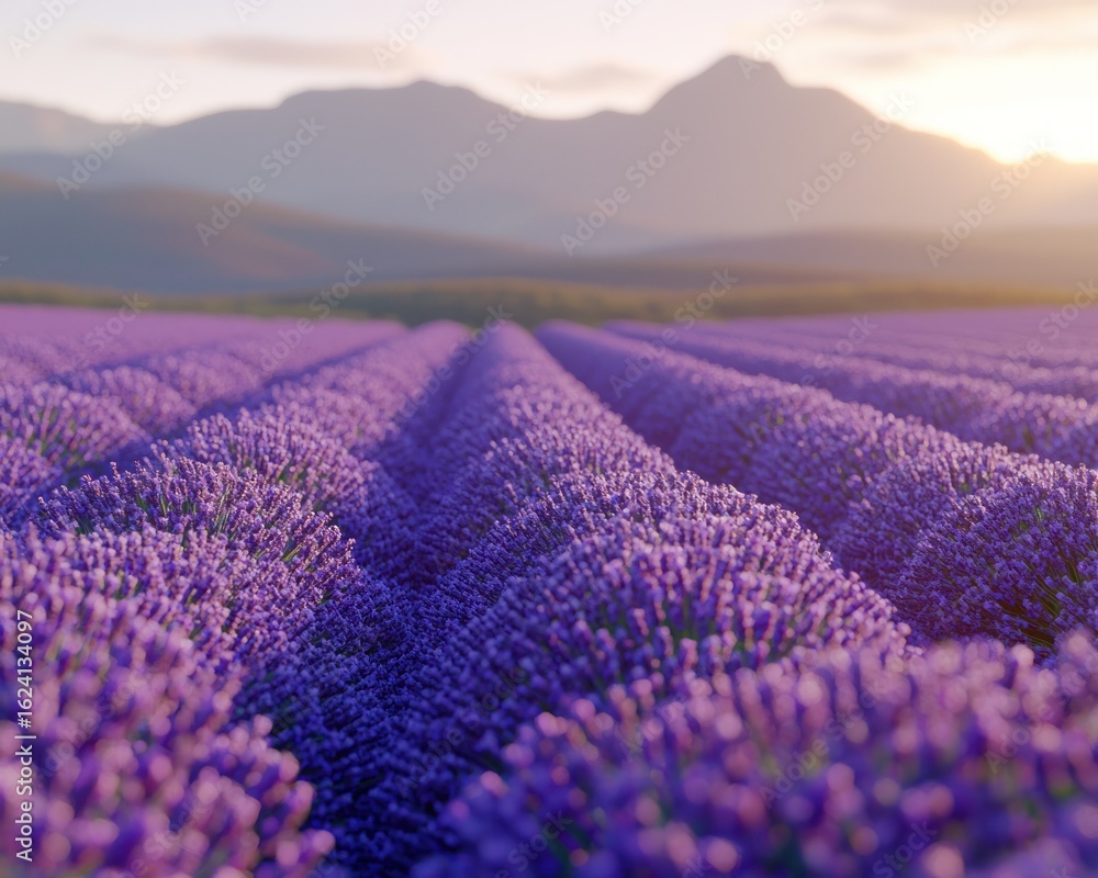 Obraz premium Lavender field rows at sunrise, mountains in the background. A vibrant, purple expanse of lavender flowers stretches to distant mountains. Soft, golden light bathes the scene