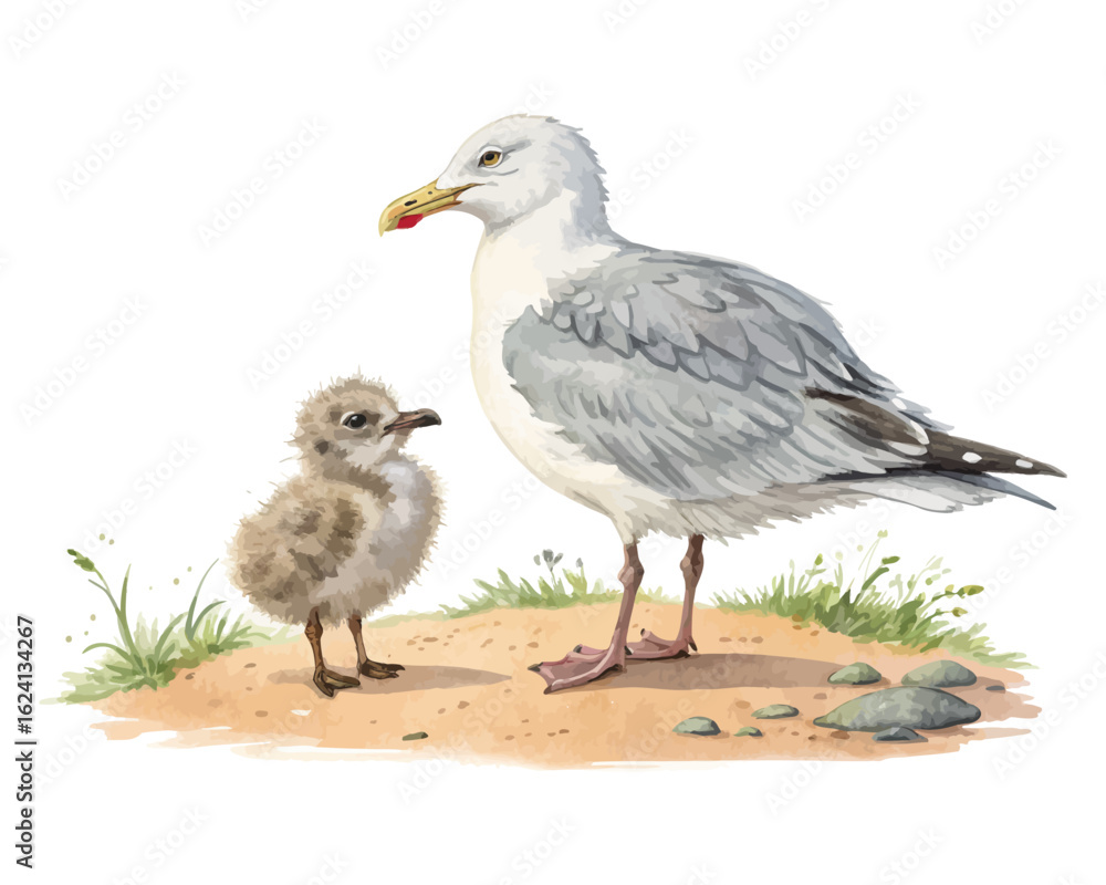 Fototapeta premium watercolor mother seagull with her kid vector illustration isolated on white background