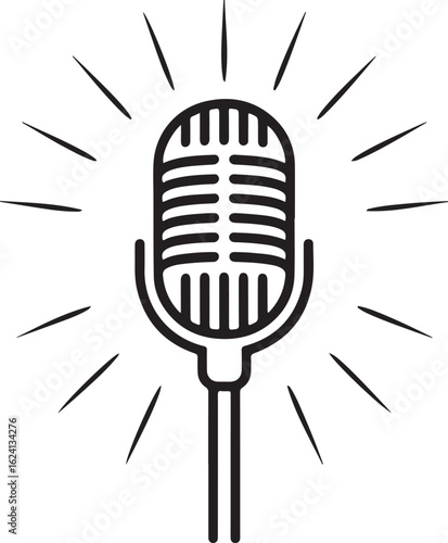Old-School Microphone with Energy Rays – Minimalist Music and Audio Icon