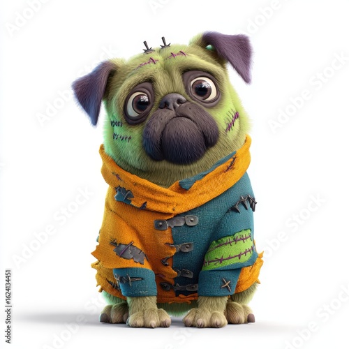 Zombified Pug in Costume: A cartoonish pug transformed into a green-skinned zombie, adorned in a stitched-up costume. It is an intriguing, humorous.