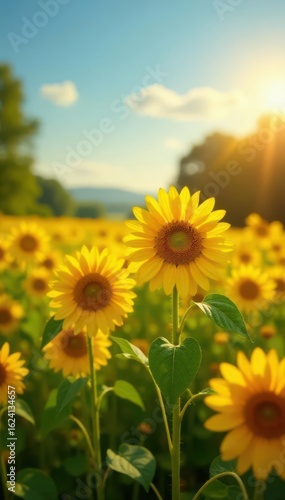 Vibrant sunflowers in a summer field, golden hues , summertime, sun