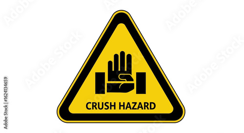 Yellow triangular warning sign for crush hazard, a safety symbol indicating risk of hand injury from machinery.
