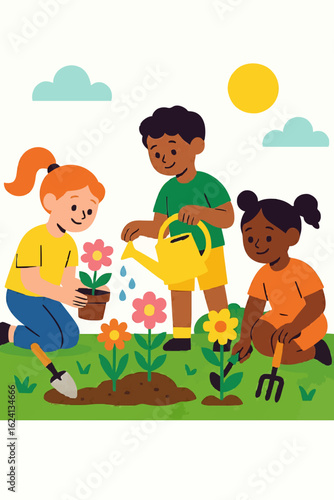 Happy Children Gardening Together - Kids Planting Flowers and Watering Plants in Garden