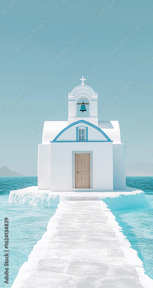 Obraz premium Iconic white chapel with blue dome stands serenely on a small island surrounded by turquoise sea waters