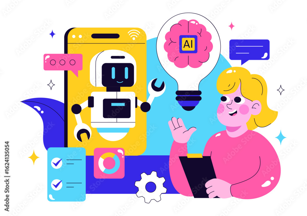 Obraz premium Machine Learning Vector Illustration featuring Artificial Intelligence Jobs, Scientists Working with Big Data and Technology Engineers in a Background
