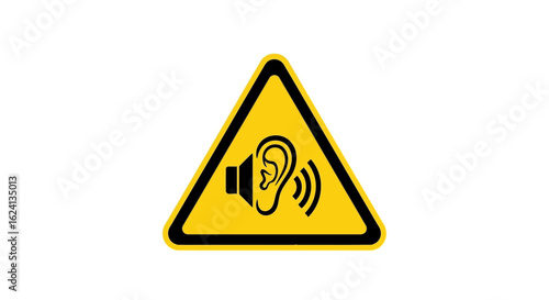 Loud noise hazard warning sign with an ear and sound wave icon. Yellow triangle symbol for hearing protection and high decibel levels.