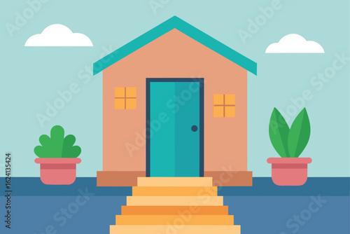 house with welcome mat and plants on front porch   (1).eps