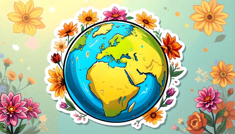 Naklejka premium An illustrated Earth surrounded by colorful flowers, promoting environmental awareness and appreciation for the planet