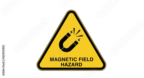 Magnetic Field Hazard warning sign. Yellow triangle symbol with a U-shaped magnet icon for safety and caution in industrial or scientific areas.