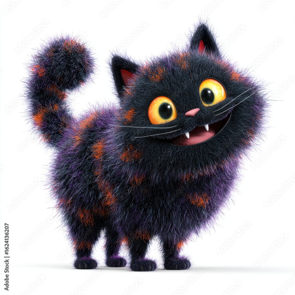 Fototapeta premium Cartoon Cat: A whimsical cartoon cat stands poised, radiating charm with a fluffy, textured coat, expressive eyes, and a cheerful grin, epitomizing playful and captivating character design.