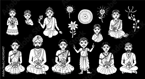 Black and white doodle art illustrating Indian characters in traditional attire, including men, women, and children, along with cultural floral and decorative elements.