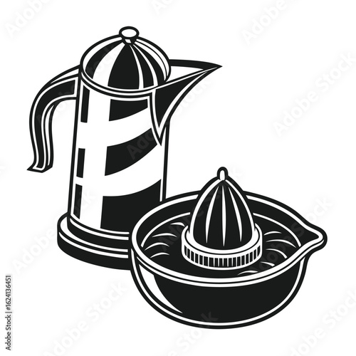 Black and white illustration of a kettle and citrus juicer