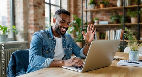 Happy man video chatting in modern home office