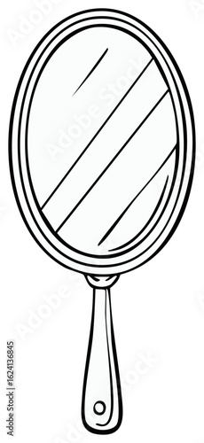 Black and white line art illustration of an antique style handheld vanity mirror with an oval shape