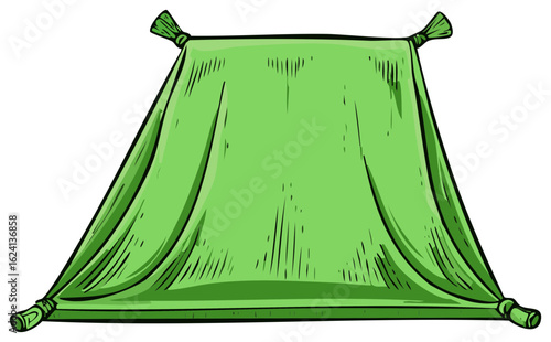 Green Fabric draped over poles forming a simple tent structure