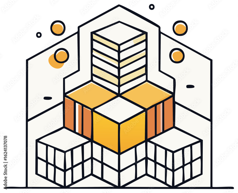 Fototapeta premium Isometric Cube Assembly Illustration with Yellow Accents Stacked in a Geometrical Composition