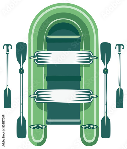 Green Inflatable Raft Illustration with Oars, Ideal for Outdoor Adventures