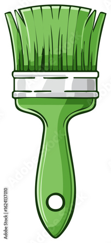 A cartoon green paintbrush with a simple design and a hole in the handle