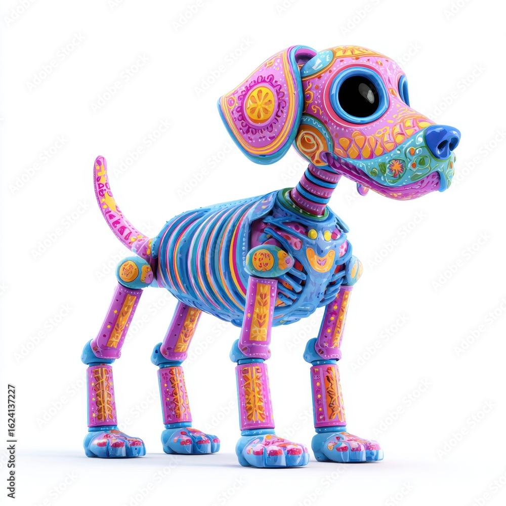 Obraz premium Colorful Dog Skeleton in Dia de los Muertos: A vibrant and artistic representation of a dog skeleton, adorned with intricate designs and bold colors.