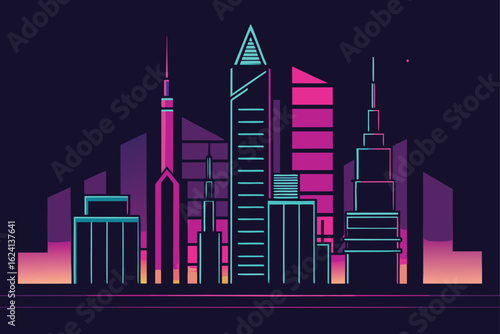 iconic high rises colored in neon outline  .eps
