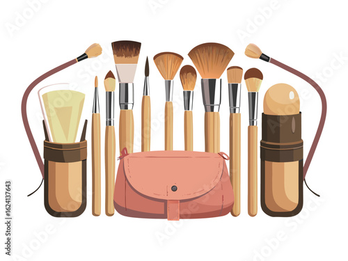 Collection of makeup brushes and a pink cosmetic bag isolated on white background
