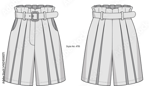 "High waist pleated shorts fashion flat sketch, front and back view, technical vector drawing, belted design template, women’s apparel"